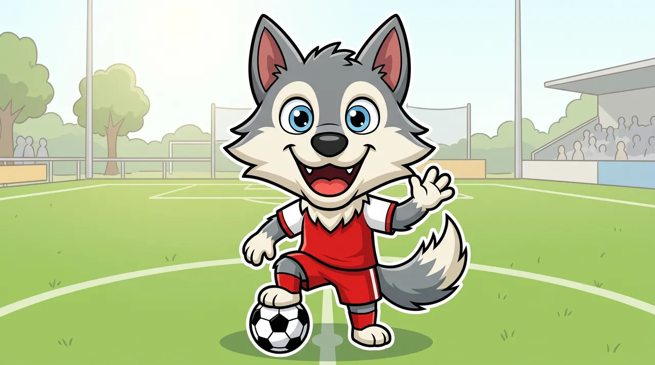 Gezeichneter Wolf im roten Trikot steht mit einer Pfote auf dem Ball und wartet auf den Anstoß.