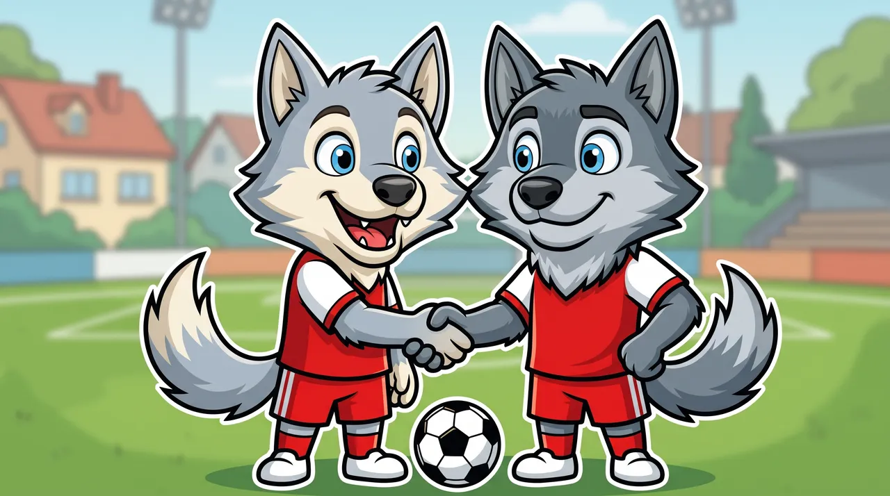 Zwei gezeichnete Wölfe geben sich nach dem Spiel die Pfote.
