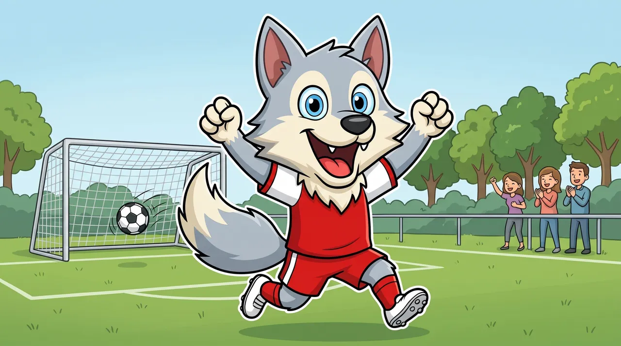 Gezeichneter Wolf im roten Trikot jubelt mit beiden Pfoten in der Luft, hinter ihm rollt der Ball ins Tor.