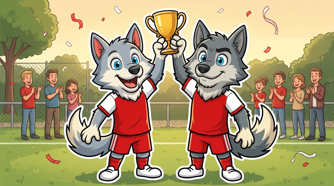 Zwei gezeichnete Wölfe stemmen gemeinsam einen goldenen Pokal in die Höhe, Konfetti fällt.