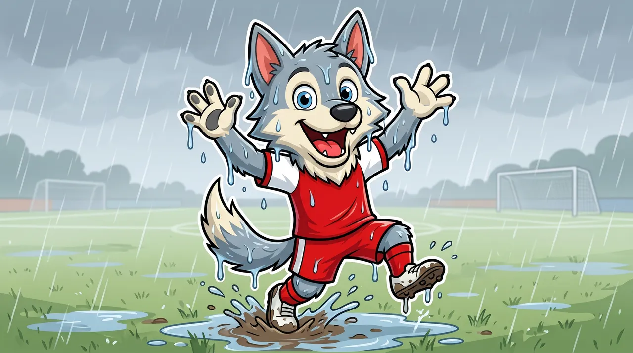 Gezeichneter Wolf steht klatschnass im Regen auf dem Platz und grinst trotzdem.