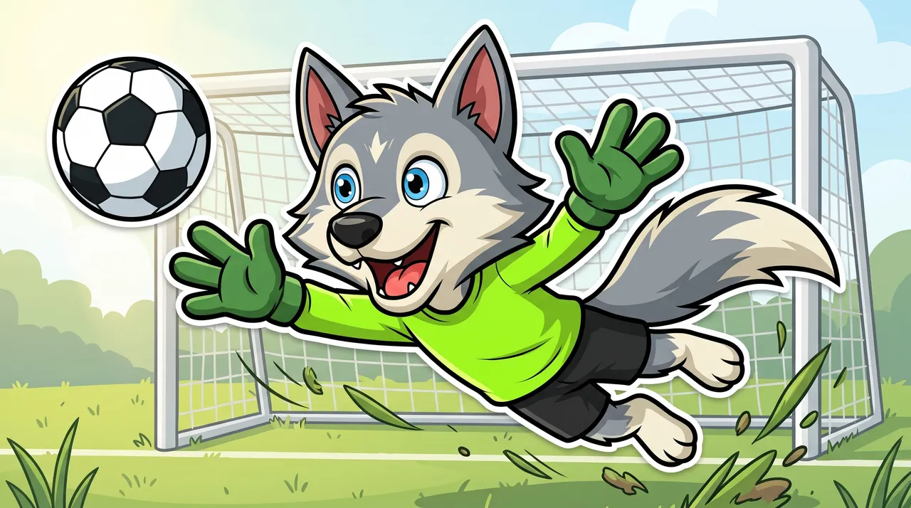 Gezeichneter Wolf im grünen Torwarttrikot fliegt durch die Luft und hält den Ball.