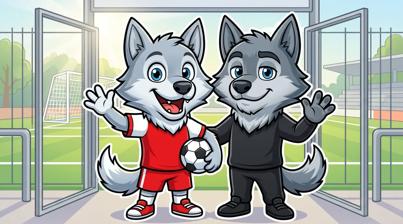 Zwei gezeichnete Wölfe winken am geöffneten Tor des Sportplatzes zur Begrüßung.